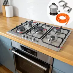 LINE - Cocina Encimera Gas Licuado 5 Platos Acero Inoxidable + Kit de Instalación