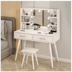 HOMER DESIGN - Tocador Con Luz Hollywood Taburete 2 Cajones 100cm De Ancho