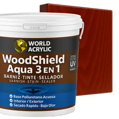 WORLD ACRYLIC - Barniz woodshield aqua 3 en 1 Galon Caoba