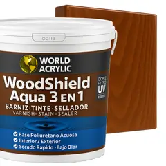 WORLD ACRYLIC - Barniz woodshield aqua 3 en 1 Galon Castaño