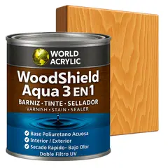 WORLD ACRYLIC - Barniz woodshield aqua 3 en 1 - 1/4 GALON Natural