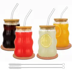 SIMPEL HOME - 4 Vasos Creativos Con Posavasos Tapa Bambú Y Bombillas 530ml