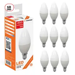 STANFORD - Pack 10 Ampolleta Vela LED 6W E14 Luz Cálida 3000K