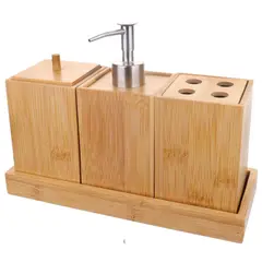 OEM - Set Juego De Baño 3 Pieza Madera Jabon Dispensador Cepillo