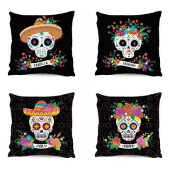 KUANGYE - Funda De Almohada Del Día De Muertos, Calavera, 4 Piezas