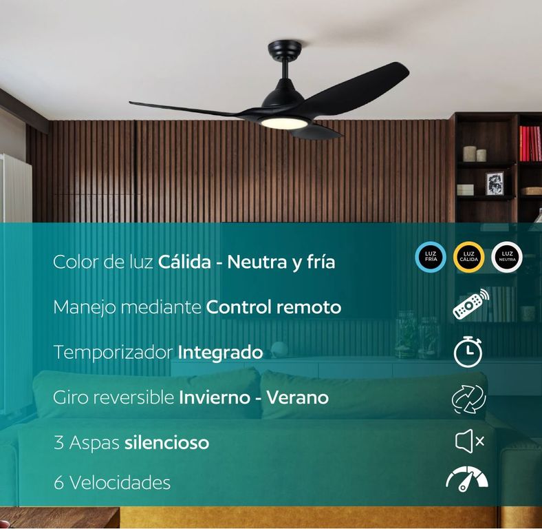 Ventilador Techo TUNITAS silencioso luz led regulable control remoto