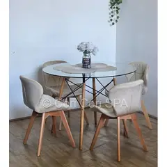 CORI CORI - Juego de Comedor Mesa Eames Vidrio 80cm + 4 Sillas Mariposa Velvet