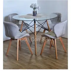 CORI CORI - Juego de Comedor Mesa Eames Vidrio 80cm + 4 Sillas Mariposa Velvet