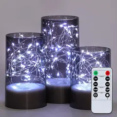WELDMON - Juego de 3 velas LED gris velas sin llama con mando a distancia