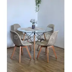 CORI CORI - Comedor Mesa Eames Vidrio 80cm + 4 Sillas Capitonne Ecocuero Vintage