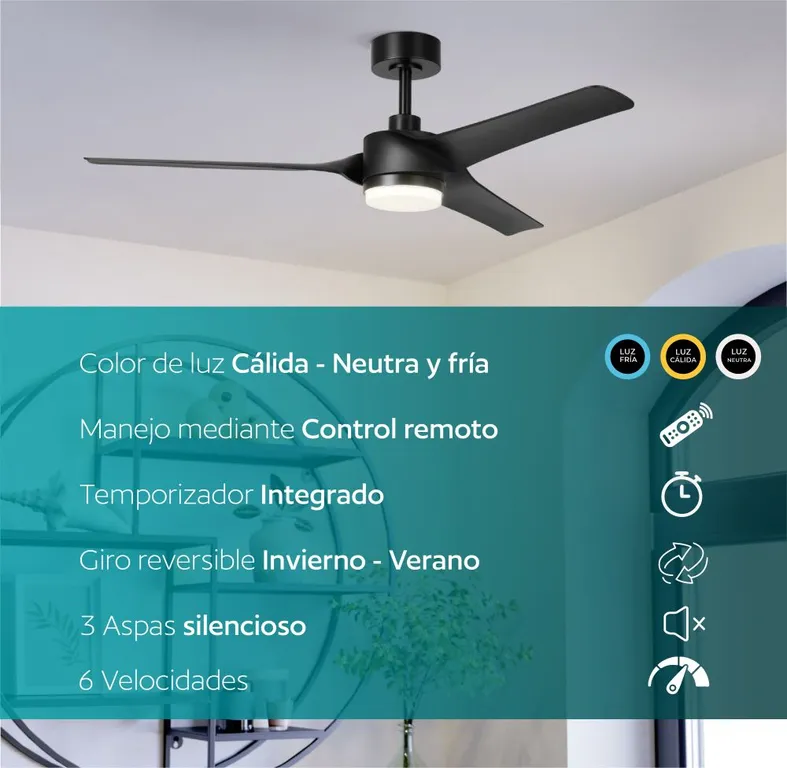 Ventilador de Techo Orcutt luz led regulable control remoto giro reversibles 17W invierno verano