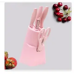 GENERICO - Set de Cuchillos de Cocina de 5 Piezas con Soporte - Color Rosado Pastel