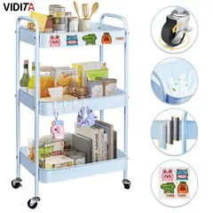 REBONEC - Carrito Organizador Metal 3 Niveles Estante Ruedas Bloqueables Celeste