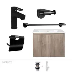 STRETTO - Pack Baño Art Deco - Mueble Vanitorio Lenga + Griferías + Accesorios