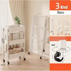 OASIS - Carrito De Almacenamiento Plegable De 3 Niveles Ruedas Estantes Blanco