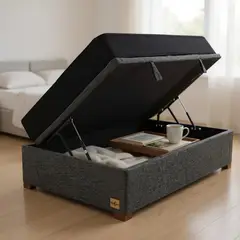 BLOCCARE - Cama Baul 1 Plaza + Colchon Black L190 cm / Patas Madera 4.5CM (Gris)