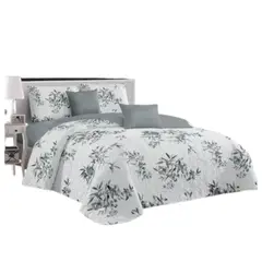 GENERICO - Cubrecama Quilt Verano King - Blanco Gris Hojas KFL580