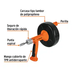 TRUPER - Destapacaño Sonda P/Desague 7,6 Mts Manual y Taladro