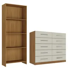 MOVELARIA - Combo Cómoda 10 Cajones Off White + Librero Color Natural R1016