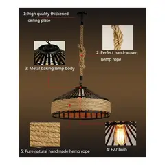 GENERICO - Lampara Colgante 30cm Con Cuerda Cáñamo Metal Rustica