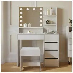 HOMER DESIGN - Tocador con taburete Espejo Con Luz Hollywood Y Cajonera 140x90x40cm