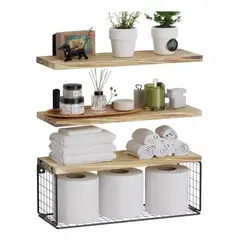 GENERICO - Repisas Flotantes De Madera Modernas X3 Con Reja 100% Pino Marrón Claro