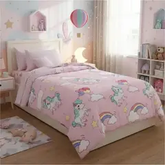 GENERICO - CUBRECAMA INFANTIL CON DISEÑO UNICORNIO ROSA 1.5 PLAZA ALONSO