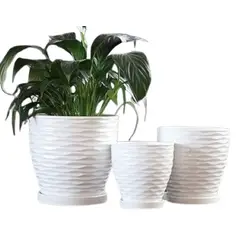 GENERICO - Set 3 Maceteros Ceramica Blanco Elegante Acanalado