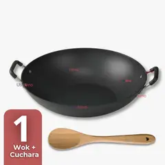 LINE - Wok Chino Acero Inox Antiadherente 34cm+ Cuchara de Madera de Bambú