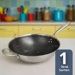 LINE - Sartén Wok Acero Inoxidable Antiadherente Para Saltear Freír 34cm