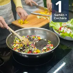 LINE - Sartén Wok Acero Inox Antiadherente 34cm +Cuchara de Madera Bambú