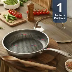 LINE - Sartén Acero Inoxidable Antiadherente 28cm +Cuchara de Madera de Bambú