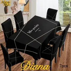 DIANA - SET DE MANTEL ANTIMANCHA + 6 FUNDA SILLAS ELASTIZADAS NEGRO LINEAS