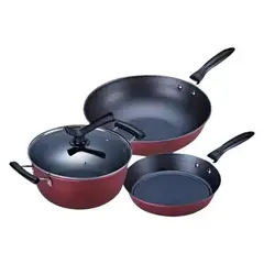 TATEE - Set 3 olla sartén olla de sopa sartén antiadherente 24+24+30cm rojo