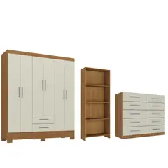 MOVELARIA - Combo Clóset 6 Puertas + Cómoda 10 Cajones Off White + Librero Color Natural R101662