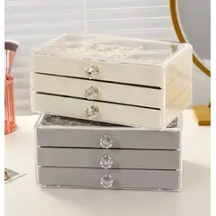 GENERICO - Joyero Organizador De Terciopelo Con 3 Cajones Gris