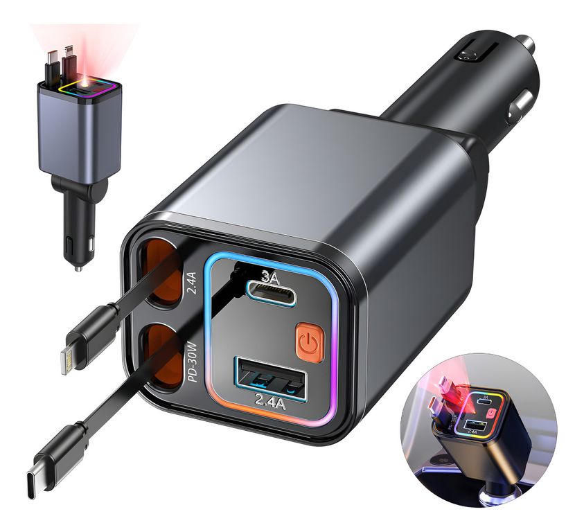 Adaptador De Cargador Retráctil 4 En 1 De Coche Carga Rápida