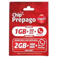 CLARO - Chip prepago + 1 GB de datos + 50 minutos + WhatsApp libre (vigencia 15 días)