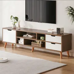 ACTUAL - Mueble de Tv Escandinavo 140x30x38 Cm Rack De Madera Con Cajones y Estantes