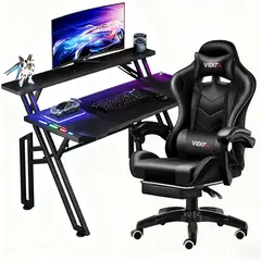 VIDITA - Set Silla Gamer Con Reposapiés y Escritorio Gamer Estantes RGB 120cm Con Luz