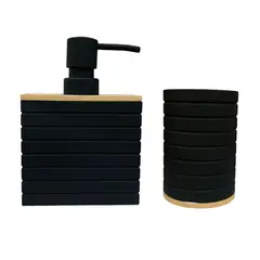OEM - Set De Baño 2 Piezas Jabon Porta Cepillo Lineas Base Bambu