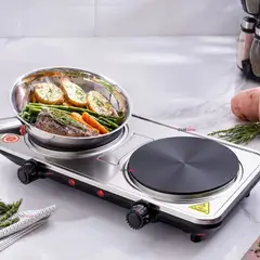 SOKANY - Cocina Encimera Eléctrica 2 Platos 2000W Cocinilla Premium Plateada