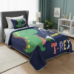 GENERICO - CUBRECAMA DE NIÑO AZUL DINO SOCCER T-REX ALGODON QUILT VERANO DIANA