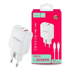 MOTOMO - Cargador Universal de Pared Con Cable 2 Puertos Usb-C C-C de 20W Compatible con Android-Apple