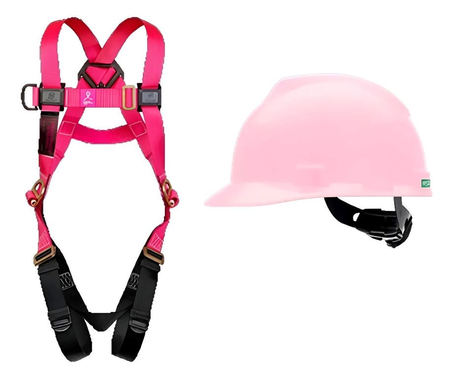 Arnes De Seguridad 3 Argollas Estandar Ajustable Rosa + Casco Rosa