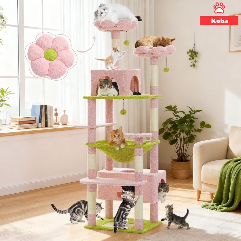 Torre Rascador Para Gatos Casa De Michis Floral Enorme 183cm Rosa Con Verde a $79.990