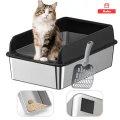 KOBA - Arenero Gatos Grande Baño Sanitario Acero Inoxidable Con Pala Negro
