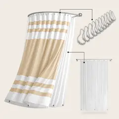 AZ AURAZEUS - Cortina De Baño Tela + Forro + 12 Ganchos Premium 180 X 180 Cm Beige Raya Juego Larga Az