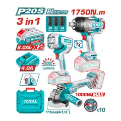 TOTAL TOOLS - Kit Llave de Impacto 1750Nm + Esmeril 1000wMax + Linterna + Accesorios Total