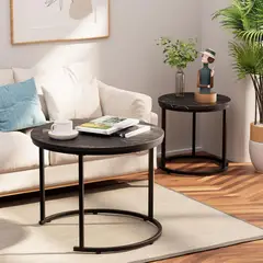 BAZUCA - Juego Mesa de Centro Redonda Doble Madera y Acero Estilo Industrial y Moderno 50 + 70 cm Negra